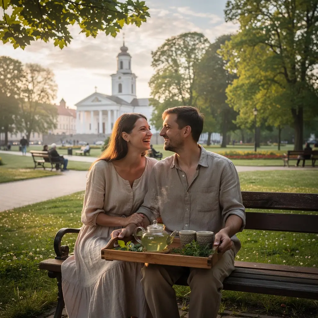Šviežiai paruošta magnio žolelių arbata puodelyje, aplink ją natūralūs ingredientai.