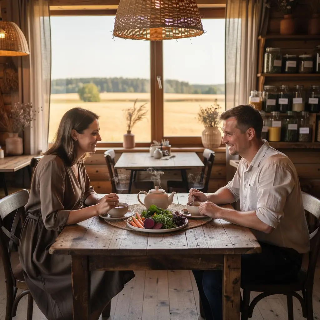 Magnio žolelių arbata puodelyje su šviežiomis žolelėmis.