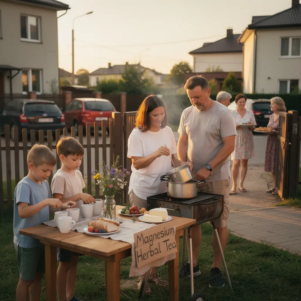 Žolelių arbatos puodelis, garuojantis ir kvapnus, ant medinio stalo.