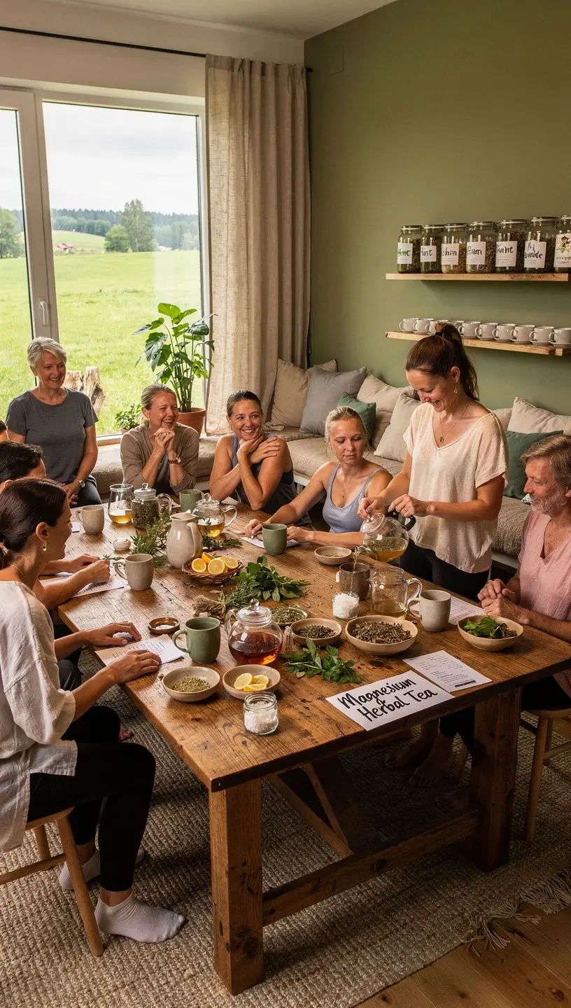 Moteris, mėgaujanti magnezijo arbata, atsipalaidavusi gamtoje.